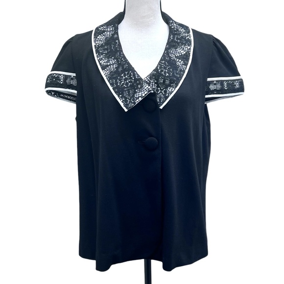 CYNTHIA CYNTHIA STEFFE BLACK CROPPED SHORT SLEEVE JACKET WITH BLACK & WHITE LACE - Picture 1 of 14